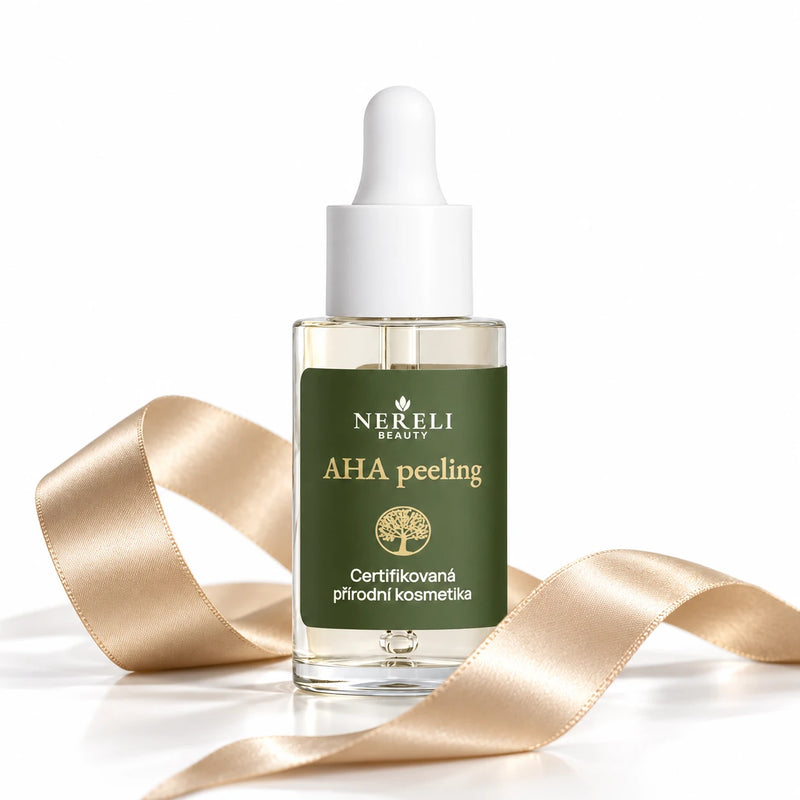 AHA peeling, 30 ml – kompozice se saténovou stuhou na bílém pozadí
