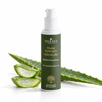 BIO noční krém pro citlivou pleť bez parfemace, 50 ml – kompozice s aloe vera na bílém pozadí