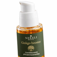 Gelový booster s ginkgo, 30 ml – detail obalu a etikety na bílém pozadí