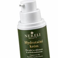 Hydratační krém na akné s arganovým olejem, 50 ml – detail obalu a etikety na bílém pozadí