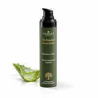 Hydratační krém s kyselinou hyaluronovou, 50 ml – kompozice s aloe vera na bílém pozadí
