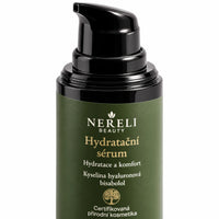 Hydratační sérum s kyselinou hyaluronovou a bisabololem, 30 ml – detail obalu a etikety na bílém pozadí