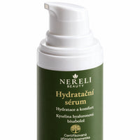 Hydratační sérum s kyselinou hyaluronovou a bisabololem, 30 ml – detail obalu a etikety na bílém pozadí