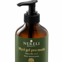 Mycí přípravek na vlasy a tělo pro muže NERELI, 490 ml – detail obalu a etikety na bílém pozadí