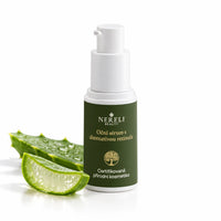 Oční sérum s přírodní alternativou retinolu, 15 ml – kompozice s aloe vera na bílém pozadí