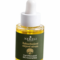 Olejové bakuchiol sérum pro pružnější vzhled pleti, 30 ml – detail obalu a etikety na bílém pozadí