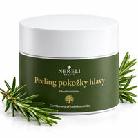 Peeling pokožky hlavy s rozmarýnem a mátou NERELI, 170 ml – kompozice s rozmarýnem na bílém pozadí