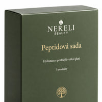 Peptidová sada pro pleť a oční okolí NERELI, 3 produkty – detail obalu a etikety na bílém pozadí