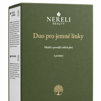 Sada denního krému a peptidového séra NERELI, 2 produkty – detail obalu a etikety na bílém pozadí
