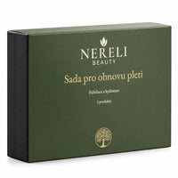 Sada pro exfoliaci a hydratovaný vzhled pleti NERELI, 3 produkty – detail obalu a etikety na bílém pozadí