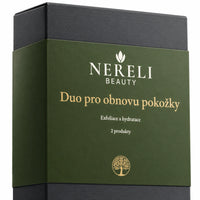 Sada pro jemnější a hydratovanou pokožku těla NERELI, 2 produkty – detail obalu a etikety na bílém pozadí