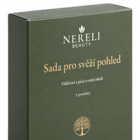 Sada pro odlíčení a rozjasněné oční okolí NERELI, 3 produkty – detail obalu a etikety na bílém pozadí