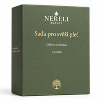 Sada pro odlíčení a svěží pleť NERELI, 3 produkty – detail obalu a etikety na bílém pozadí