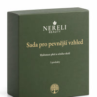 Sada pro pevnější vzhled pleti a oční okolí NERELI, 3 produkty – detail obalu a etikety na bílém pozadí