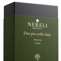 Sada pro svěží a lesklé vlasy NERELI, 2 produkty – detail obalu a etikety na bílém pozadí