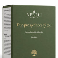 Sada sér pro sjednocenější tón pleti NERELI, 2 produkty – detail obalu a etikety na bílém pozadí