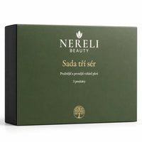 Sada tří sér pro pružnější vzhled pleti NERELI, 3 produkty – detail obalu a etikety na bílém pozadí