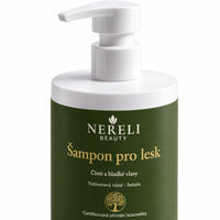 Šampon pro lesk vlasů s vůní vetiveru NERELI, 400 ml – detail obalu a etikety na bílém pozadí