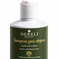 Vyživující šampon pro objem vlasů NERELI, 290 ml – detail obalu a etikety na bílém pozadí